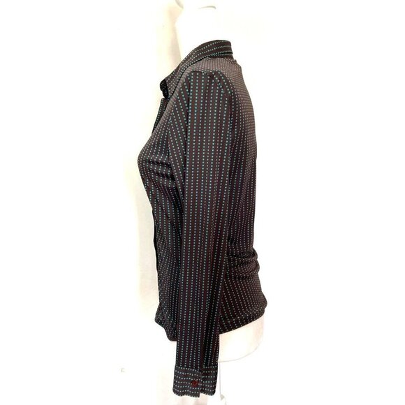 Express World Brand Chocolate Brown Teal Blue Swiss Dot Button Down Small - Picture 3 of 6